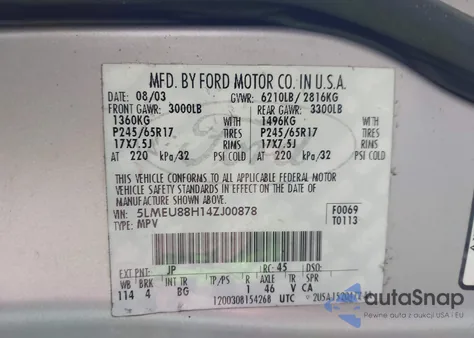 2004 Lincoln Aviator z USA, uszkodzony, nr VIN 5LMEU88H14ZJ00878